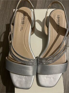 Life Stride Silver Rhinestone Slingback Sandals